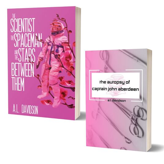 Cover for The Scientist, the Spaceman, and the Stars Between Them. A pink cover with a floating person in a spacesuit grasped by plants with mushrooms blooming from their cracked space helmet.